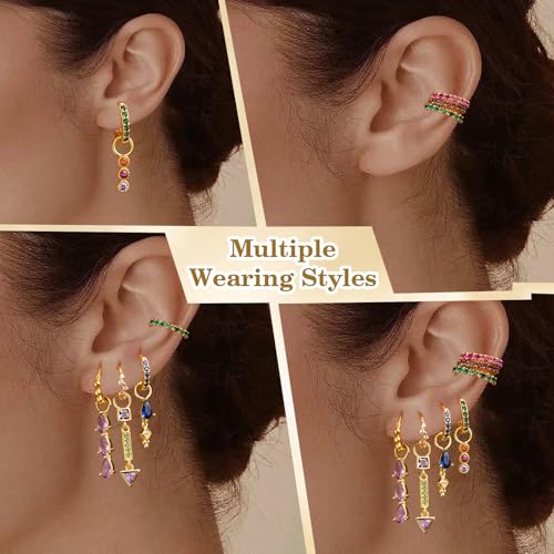 7pcs Gold Hoop Earrings Set 18K Gold Colorful Huggie Hoop Hypoallergenic Multiple Piercing Dangle Drop Stud Statement Earrings for Women Jewelry Gift4