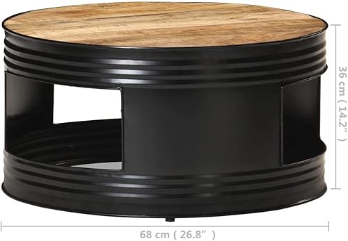 Miniatura 2 de vidaXL Mesa de centro redonda, madera maciza de mango en bruto, marco de hierro recubierto de polvo, negro, 26.8 x 26.8 x 14.2 pulgadas,