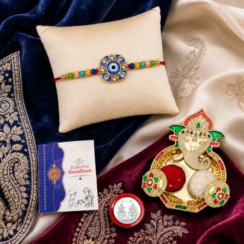 Image of DeoDap Rakhi with Pooja Thali for Brother - Multicolor Evil Eye Design Rakhi with Stylish Golden Color Pooja Thali, Silver Color Pooja Coin, Greeting Card & Roli Chawal - Traditional Raksha Bandhan Festive Celebration Combo