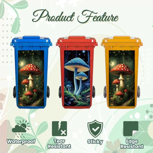 Image of Peacoblue Wheelie Bin Stickers 2 Sheets Mushrooms and Forest Sticky Dustbin Stickers Decals, 15 inch x 32 inch Waterproof Large Wraps for Trash Cans Bins Fridges Door Wall Garden Outdoor Indoor Patio Decor