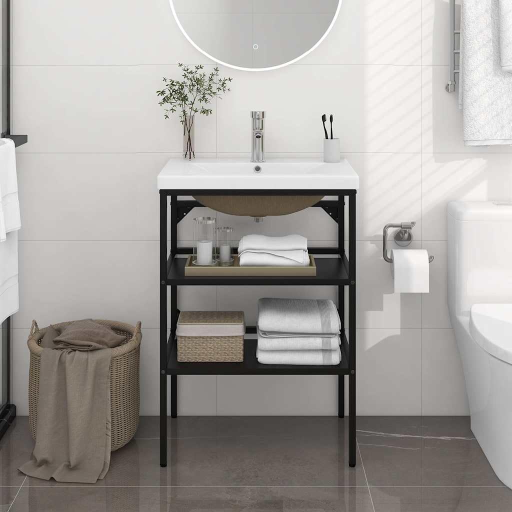 Mueble de baño con lavabo, hierro pulverizado, 59 x 38 x 83 cm, con rebosadero, moderno espacio de lavado para baño, invitados, espacio de almacenamiento y estante