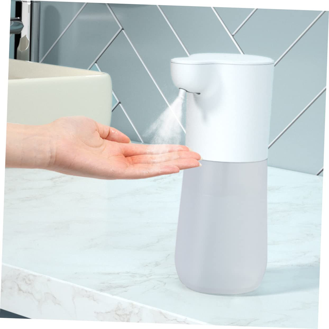 PRETYZOOM Dispenser Automatico Sapone Ricaricabile Usb, 350ml, Erogatore Schiuma in Abs per Lavello Cucina e Bagno, Bianco