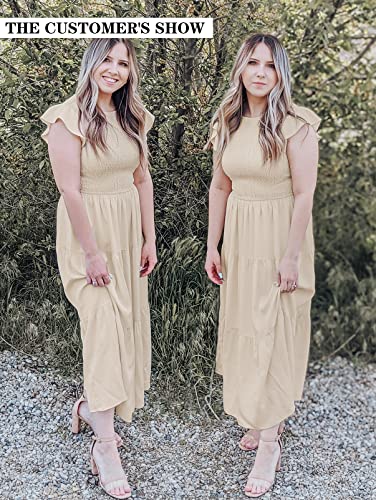 Merokeety Women's Flutter Short Sleeve Smocked Midi Dress Summer Casual Tiered A-Line Dress,Beige,S #TOP5