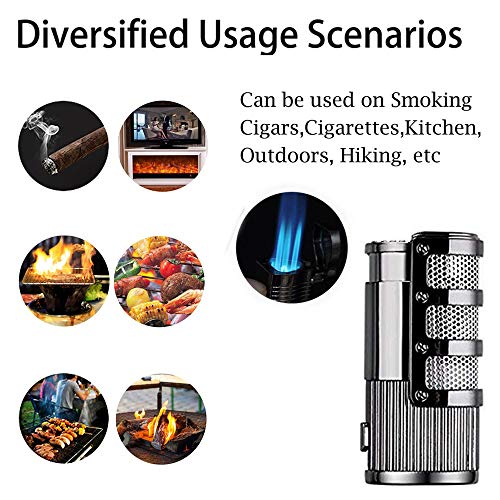 Cigar Cutter and Lighter Set, Cigar Punch Lighter Triple Jet Flame Butane Cigarette Torch Lighter (Silver) - Thumbnail 6