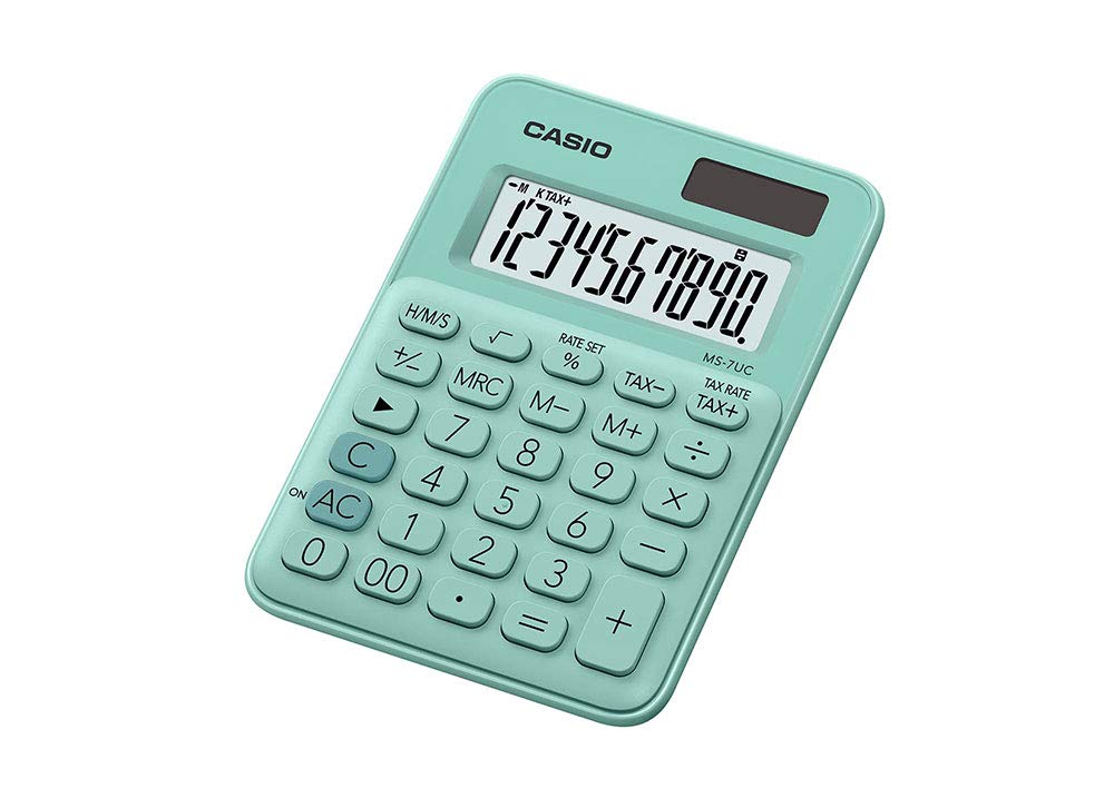 Casio MS-7UC Mini 10-cyfrowy kalkulator biurkowy, zielony (turkusowy), 120 x 85,5 x 19,4 mm