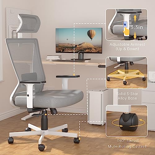 Dripex Ergonomic Office Chair, High Back Desk Chair, Computer Mesh Chair With Lumbar Support, Adjustable Headrest & 2D Armrest, 90°-135°Tilt Function, 360° Swivel Home Office Task Chair, White #TOP3