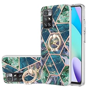 Ttimao Hoesje voor Xiaomi Redmi 10/Note 11 4G Marmer Ontwerp Beschermhoes met 360° Verstelbare Ringstandaard Zachte TPU Shock Proof Cover Case-Blauw Groen