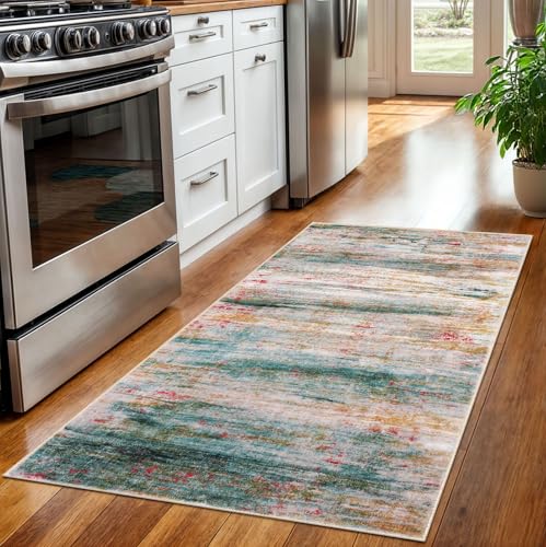 KOZYFLY Area Rug 3x5 Modern Ombre Living Room Rug, Washable Rugs for Bedroom Non-Slip Soft Stain Resistant Striped, Print Distressed Green Abstract Carpet for Living/Laundry/Kid Room