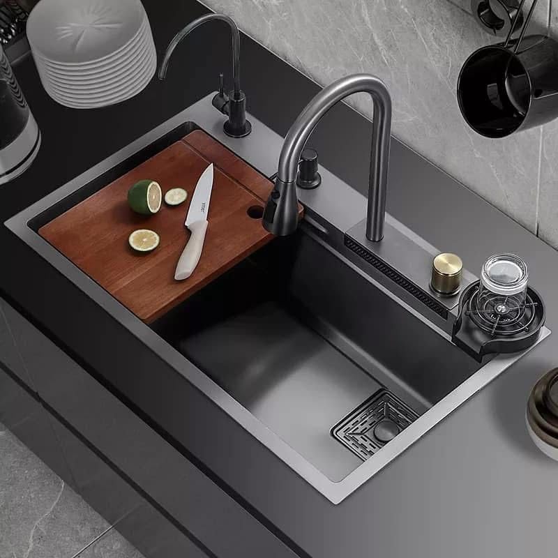 Image of Wallace 304 Grade Black Single Bowl Multifunction Kitchen Sink 24x18x10 Inches | Stainless Steel Workstation Sink with Integrated Waterfall Cup Washer Drain Basket RO Tap & Pull Down Faucet