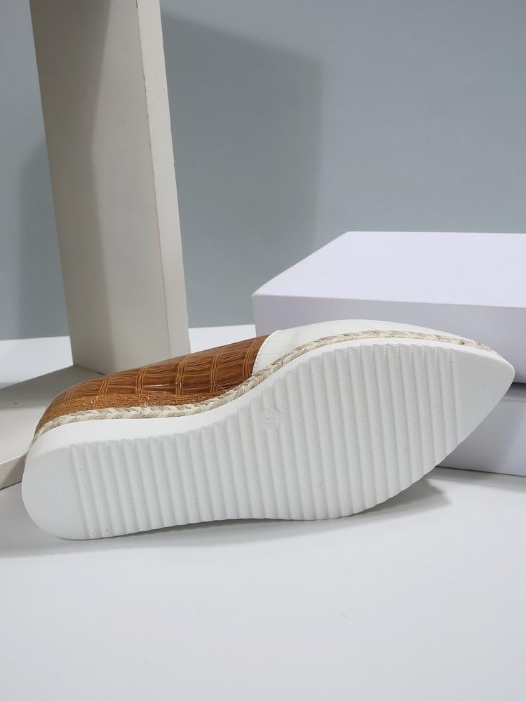 Women's Two-Tone Croc Pattern Espadrille Flats, White and Brown, Platform Wedge Slip-On Loafers (Brown, Adult, Women's, 7.5, Digital, US Shoe System, Medium (Medium))