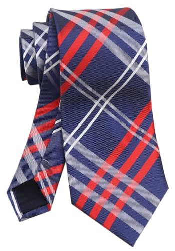 Rosiika Men Navy Blue Tartan Plaid Ties Check Red White Fine Striped Regular Wedding Silk Neckties for Boys