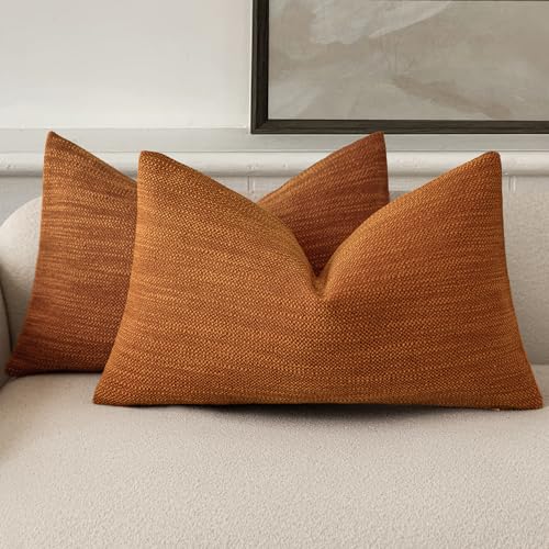 Image of Foindtower Set of 2 Decorative Textured Burlap Linen Throw Pillow Covers Farmhouse Boho Lumbar Cushion Cover Solid Accent Pillowcase for Couch Sofa Bed Living Room Home Decor,12x20 Inch,Burnt Orange