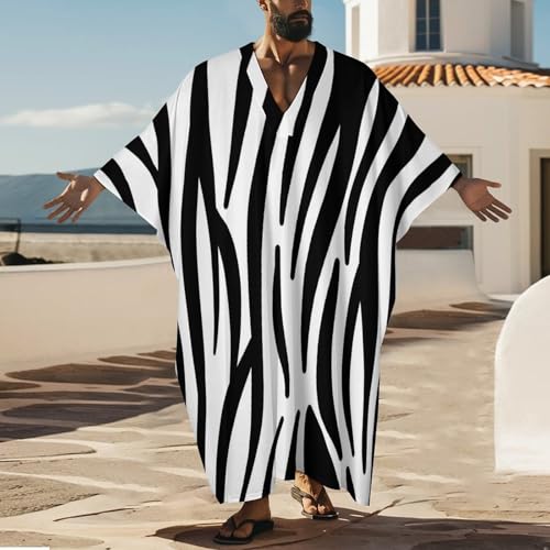 Zebra Print Pattern Men's V-neck Robe Middle East Arabian Robe Butterfly Sleeves Kaftan2