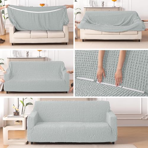 Image of HOKIPO 'Aria Nova' Elastic Stretchable 280 GSM Bubble Sofa Cover for 1 Seater, Light Grey (NEW-AR-6208-LGRY)