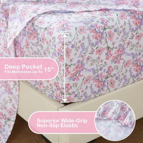 Image of Mooreeke Cozy Vintage Microfiber Printed King Sheet Set - Soft Breathable Percale Cotton Floral Bed Sheets with Deep Pocket - Non-Slip Fitted Design - Pink Purple Flowers Pattern