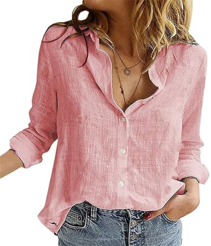 Camisa de Mujer Manga Larga Camisa de Lino de Cuello V Blusa Femenina de Ocio Elegante tee Cómodo Top (FR/ES, Letras, S, Regular, Regular, Rosa)