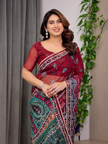 Image of ALMAARI FASHIONWomen's Floral Printed Organza Saree with Unstitched Blouse Piece | Traditional Ethnic Wear Sarees | Soft Lightweight Ethnic Office Wear Daily Wear Indian Sari (ORGANZA 121-130 H)