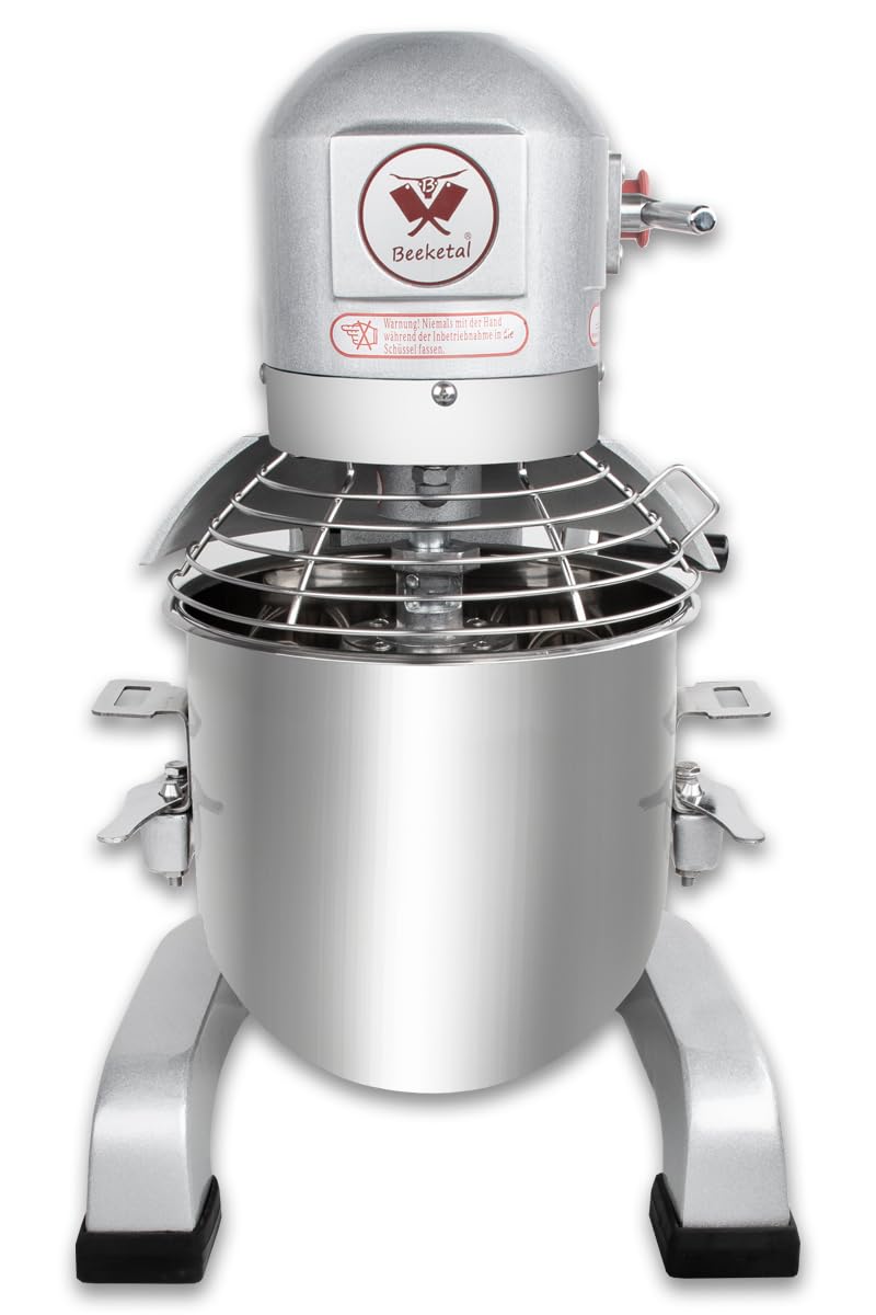 Beeketal 'BSM10P' Profi Teigknetmaschine mit Planetenrührwerk 10 Liter Kapazität (3 Stufen 105, 170, 340 U/min), Knetmaschine inkl. Knethaken, Schneebesen und Flachrührer - silber lackiert
