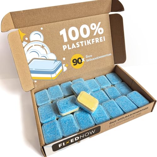 FixedNow 90 x pastillas ecológicas para lavavajillas sin plástico, todo en uno, para todo el trimestre, aroma a limón, tres capas, pastillas para lavavajillas