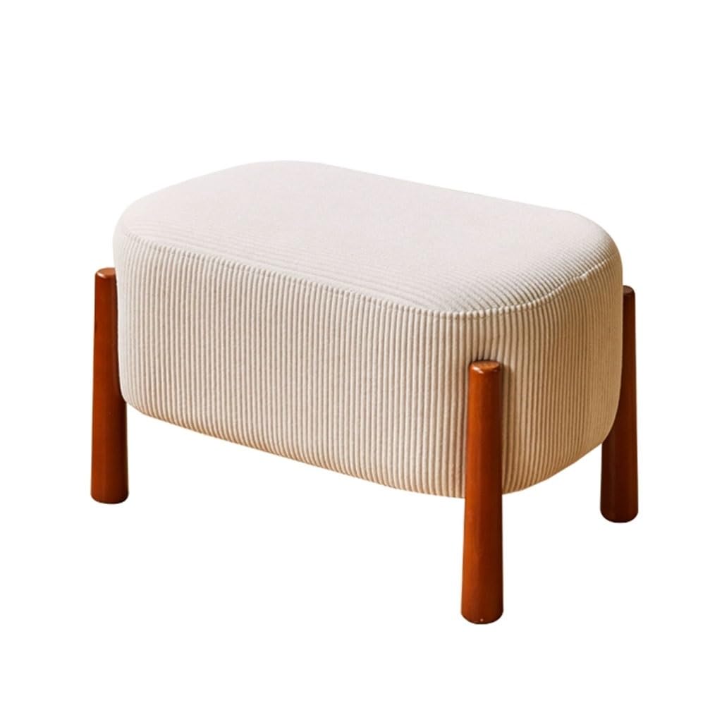 LWJSOCP 12.5" White Corduroy Ottoman Foot Stool - Small Pouf with Wooden Legs Slish Bench & Shoe Rack for Living Room Bedroom Entryway - Versatile Home Decor Accent
