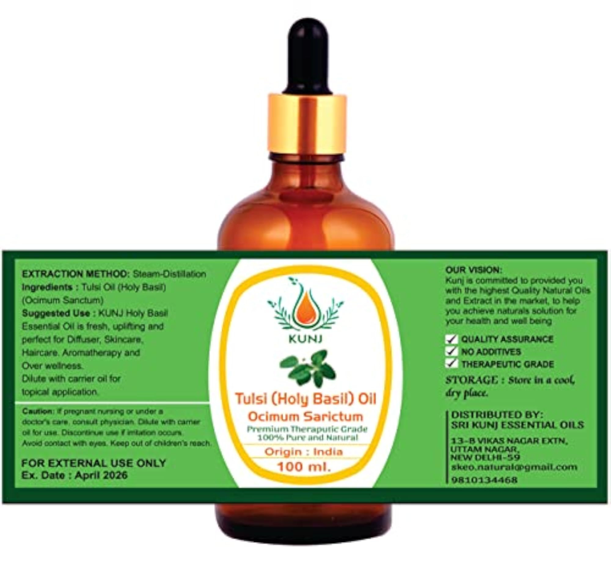 KUNJ Tulsi Holy Basil Essential Oil, 100ML