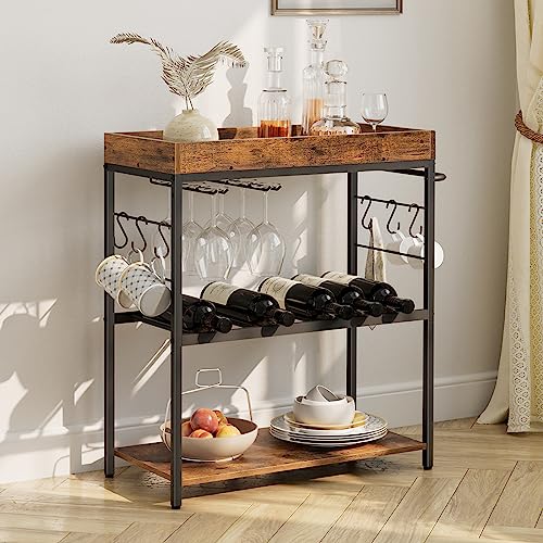 Mahancris Bar Cart For The Home, 3-Tier Serving Cart, Rolling Storage Cart With Wine Rack And Cup Holder, Beverage Cart With Storage Shelves, For Kitchen, Dining Rooms, Bar, Rustic Brown Rchr3001Z #TOP23