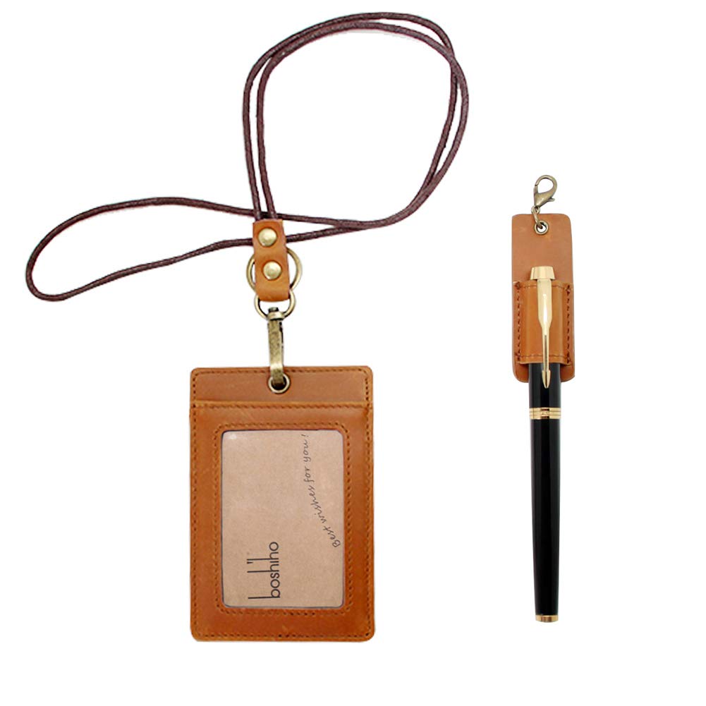 Office Badge Holder - Boshiho Genuine Leather Credit ID Card Holder with Neck Lanyard Pen Clip Vertical Style (Crazy Horse Leather Brown)