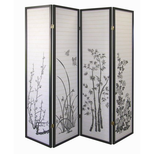 ORE International Black 4-Panel Bamboo Floral Room Divider Screen