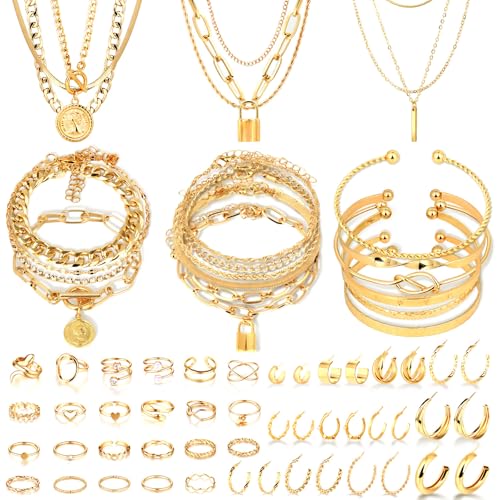 CHICUTIE Gold Jewelry Set For Women,14k Gold Plated Multi Layer Necklaces Bracelets Hoop Earrings Set Stackable Knuckle Rings, Trendy Elegance Charms Non Tarnish Minimalist Textured Boho Jewelry Gift