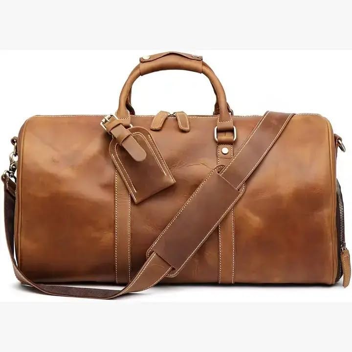 18-Inch Leather Shoe Compartment Duffel Bag for Men – Vintage Travel Gym Bag with Separate Shoe Pocket, Weekender Carry-On Bag, Premium Leather Overnight Bag for Travel, Sports & Business Trips
