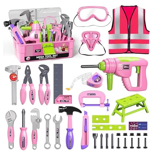 Deejoy Tool Set with Tool Box & Electronic Toy Drill, Pretend Play Kids Construction Kits for Kids Ages 3-5 Years Old, Toddler Tool Set(Pink)