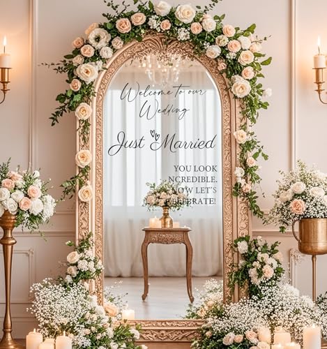 3 Pcs Welcome to Our Wedding Mirror Sign Decal,Vinyl Lettering Decal Sticker,Removable Wedding Decals for Mirrors Glass Window Sign Marriage Deco,Just Married Stickers for Anniversary Reception Deco