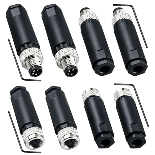 Lonlonty M8 4-Pin Male & Female Socket Panel Aviation Wire Connector, 8mm Industrial Circular Sensor Connector, Waterproof IP67, A-Coding, Screw-Joint Field Wireable 4 Sets