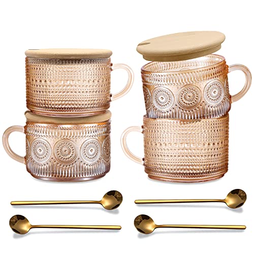 JVJRFQ Amber Vintage Glass Coffee Mugs gifts for women, 14 Oz Set of 4 Embossed Glassware Tea Cups...