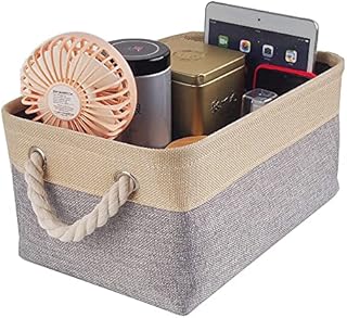 Mangata Storage Boxes, Small Fabric Storage Baskets with Rope Handles for Cupboards, Shelves, Wardrobe, Toys, Clothes ( Foldable, Grey White)