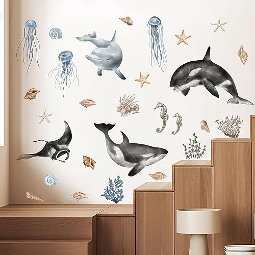Rw-96221 Giant Ocean Animals Wall Decals Blue Grey Whales Ocean View Wall Stickers Diy Removable Marine Sea Life Seaweed Whelks Wall Art Decor For Kids Teens Bedroom Living Room Nursery Playroom Decoration #TOP7