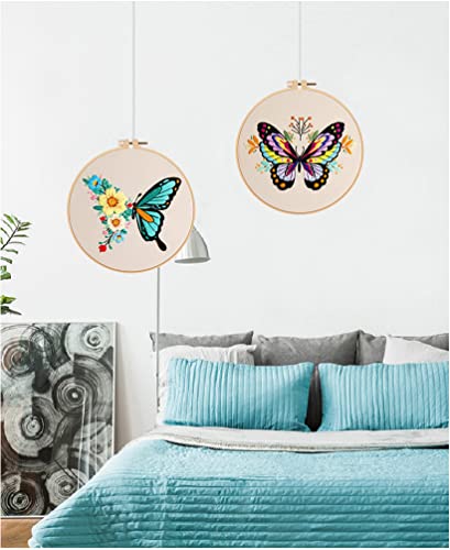 Image of Konrisa Embroidery Kits with Butterfly Flower Pattern, Stamped Embroidery Starter Kit for Beginners Adults Needlepoint Kits Include Embroidery Fabric Embroidery Hoop Threads and Needles,Set of 2