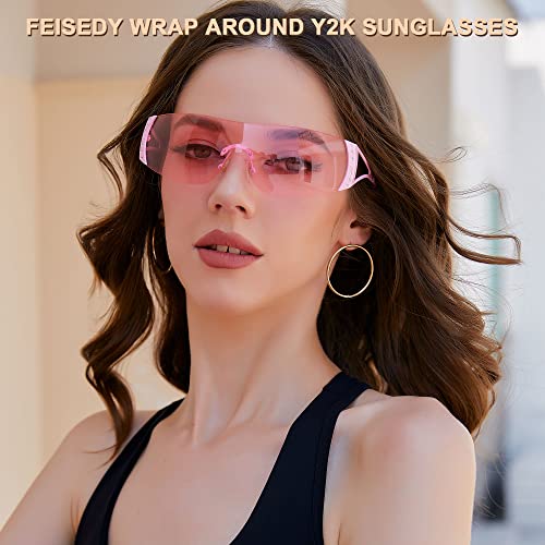FEISEDY Rimless Y2K Sunglasses for Women Men Fashion Futuristic Wrap Around Oversized Trendy Shield B9073 6