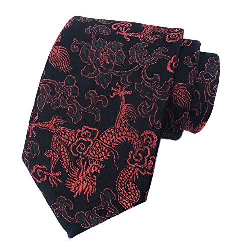Secdtie Mens Classic Tie Dragon Paisley Jacquard Woven Necktie Black Red L04