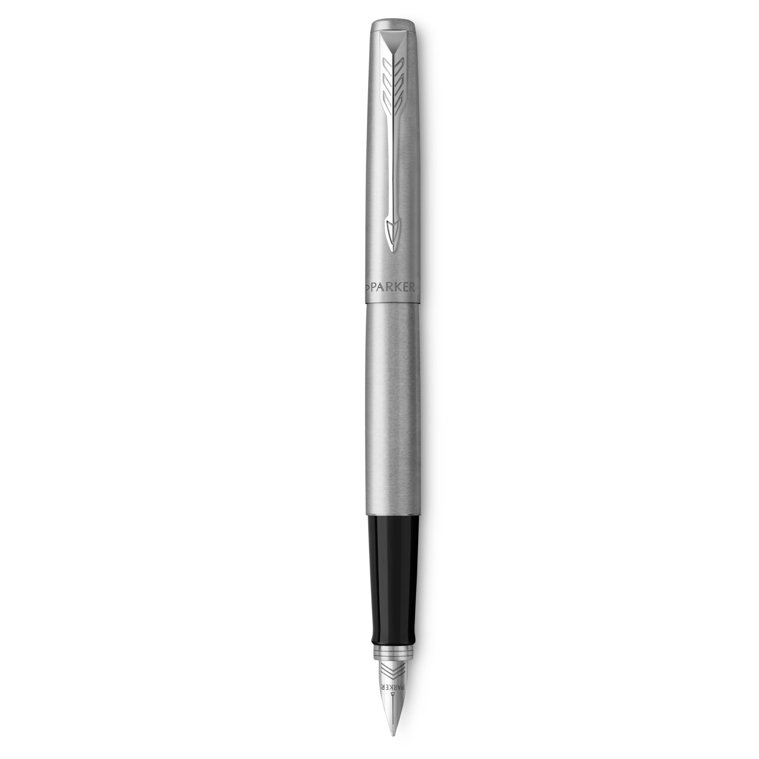 Parker Jotter pluma estilográfica | cuerpo de acero inoxidable con adorno cromado | plumín mediano y tinta azul | Material escolar | en estuche de regalo