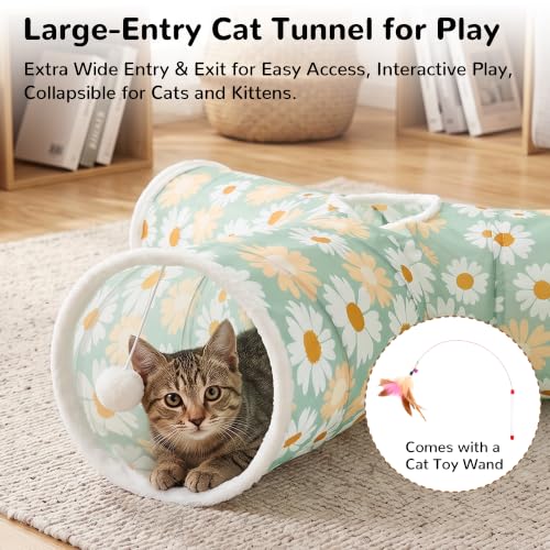 Image of Tempcore Cat Tunnel, 3-Way Collapsible Toy, Large Size Daisy Green Printed | Large Size 3-Way Cat Tunnel Provides More Room for Cats to Run, Hide and Chase, with Peek Holes, Hanging Ball and Teaser Wand