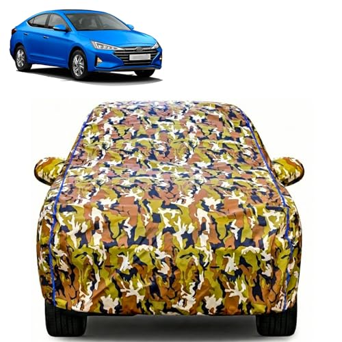 Image of Waterproof Car Body Cover for Hyundai Elantra with Mirror Pocket| Cotton Inner Lining | Triple Stitched | All Weather Protection | Dust, UV & Rain Proof (Camouflage with Blue Piping)