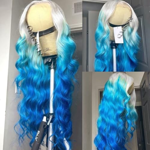QMSSR Ombre Blue Lace Front Wigs Pre Plucked Loose Wave