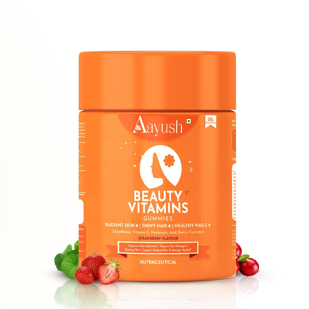 Aayush Wellness Glutathione, Biotin, Hyaluronic Acid & Vitamin C Beauty Gummies | Healthy Skin, Hair & Nails | Radiance & Glow Support | Antioxidant Protection | Natural, Vegan | Delicious Strawberry Flavor | 60 Veg Gummies-image-35