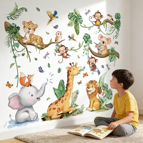 Baby Animal Wall Decals for Nursery: Jungle Safari Theme Kids Room Decor with Peel and Stick Removable Vinyl Wall Stickers for Kids Ages 0-12 Years