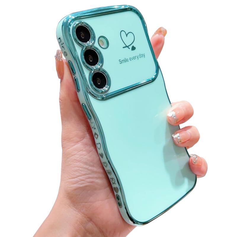 IDweel for Galaxy S24 Case for Women Girls, Luxury Cute Wave Frame Curly Shape with Love Heart Raised Camera Protection Slim Fit Cover Plating