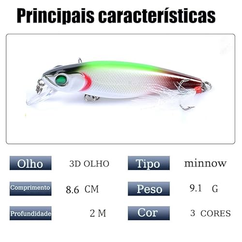 Kit 3 Iscas Artificiais Minnow Meia Água Para Tucunaré Traíra Dourado Robalo Black Bass (kit 3 isca