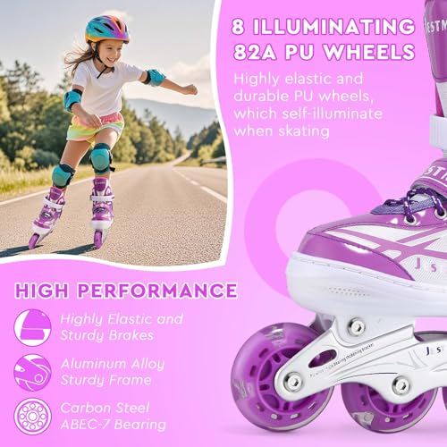Inline Skates für Kinder Mädchen, Verstellbar Inliner Skates Rollschuhe für Kinder Drinnen Draußen Mädchen Kinder (Violett, M(EU32-36))