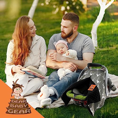 Image of Dear Baby Gear - 40x30 Car Seat Canopy, Infant Carrier Cover for Boys & Girls, Cozy Fall Baby Shower Gift, Nursing & Stroller Use, Newborn Travel Sunshade Accessory, Antlers on Grey, Black Dot