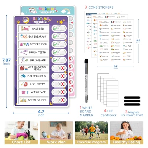 Image of Upgraded 2 in 1 Bedtime /Morning Routine Chart - Magnetic Chore Chart, Cute Visual Schedule Board, Dry Erase Checklist for Kids & Toddlers